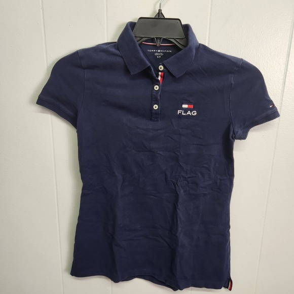 Tommy Hilfiger Polo Shirt Womens‎ Small Navy Blue Flag Logo Embroidered Stretch - Picture 1 of 10
